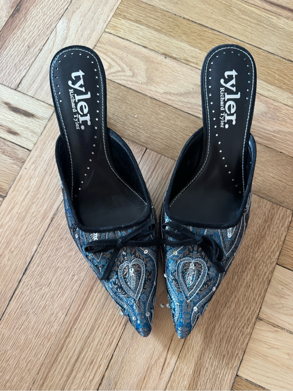 Richard Tyler Blue Paisley Pointed Mules with Metallic Accents